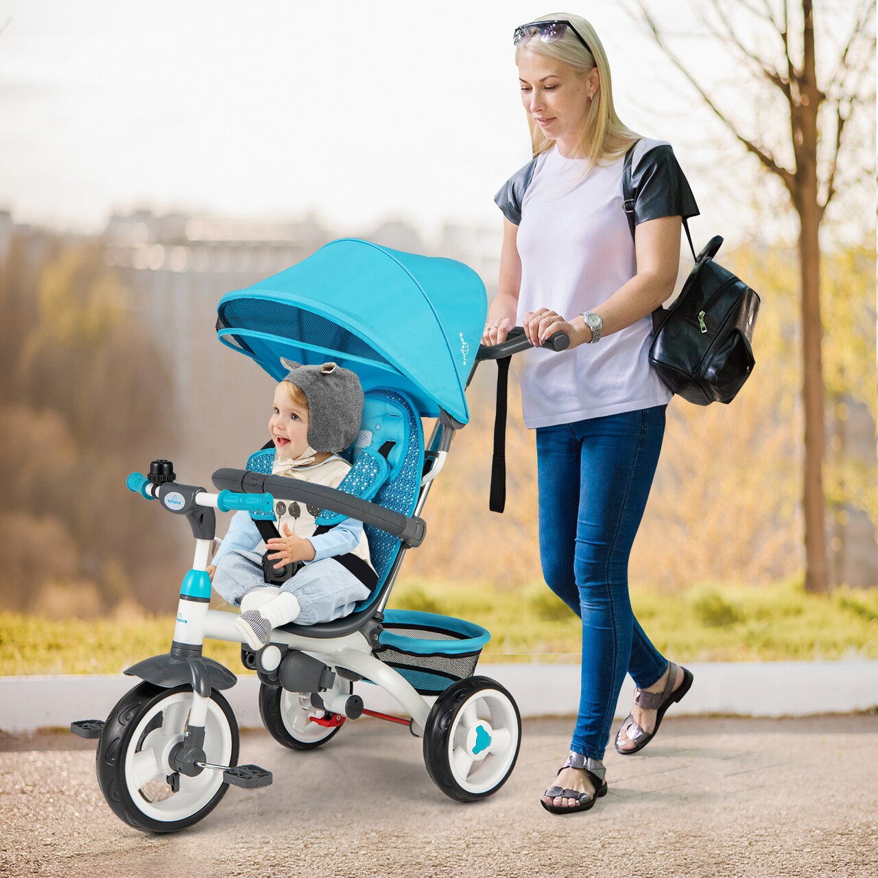 5-in-1 Detachable Baby Stroller Tricycle with Adjustable Sun Protection and Foldable Footrests